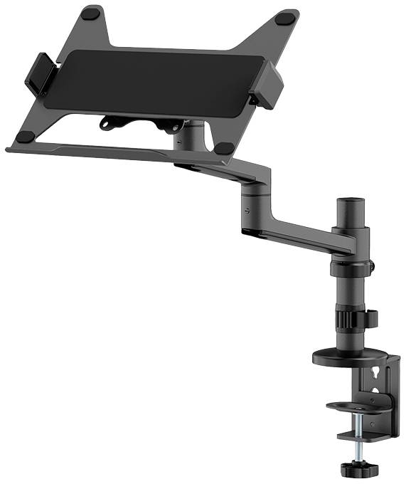 En sort tablet-holder med justerbar arm og klemmebeslag til et skrivebord. Ideel til kontorer for nem synlighed.