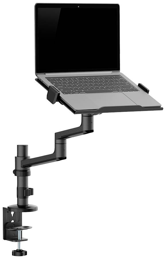 Laptop-holder monteret på et skrivebord, muliggør justerbar højde og vinkel for ergonomisk arbejde.
