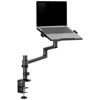 Laptopstativ med bordklemme, sort metal, justerbart til forskellige laptopstørrelser. Hæver laptops for ergonomisk arbejde.