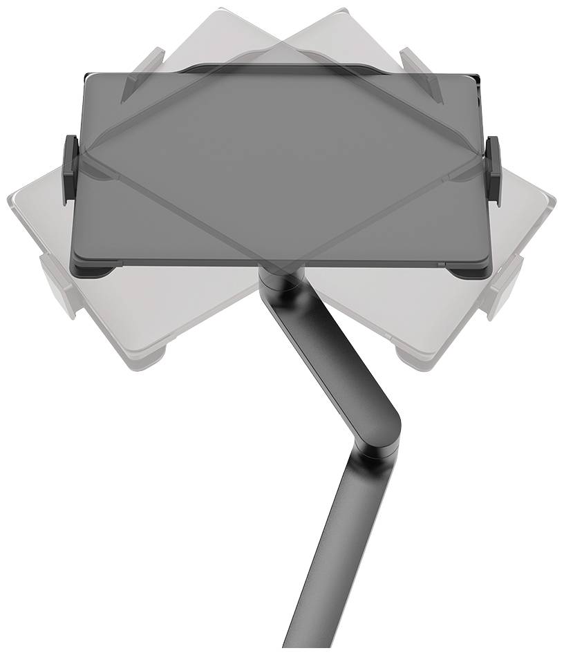 Et stativ med en tablet-holder, der kan drejes i flere positioner, viser fleksibilitet i tablet-retningen.