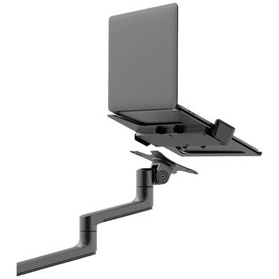 Laptopbeslag monteret på en justerbar, ergonomisk bærearm. Laptopen er åben og vippet fremad.