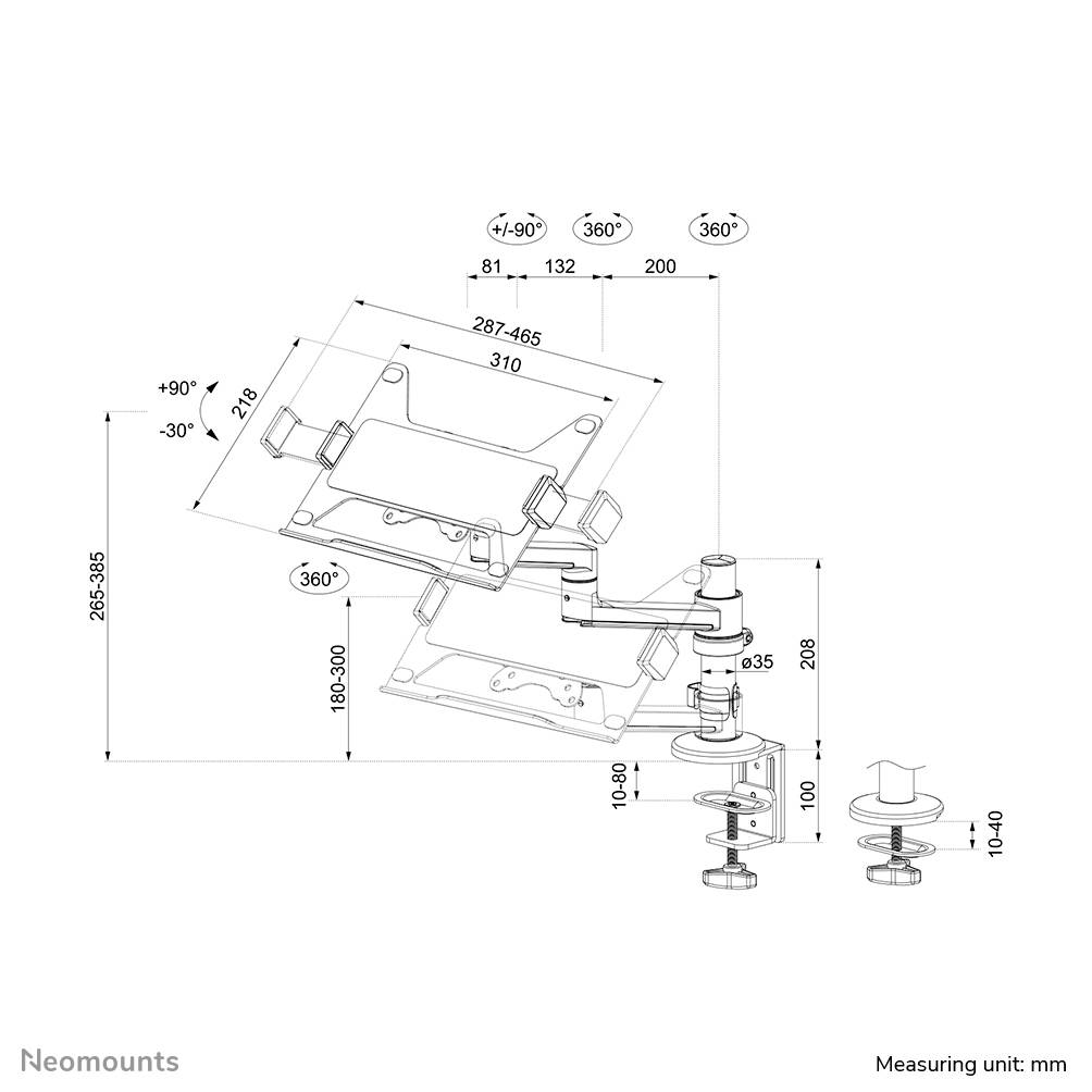 Teknisk tegning af en monitorarm med dreje- og vippefunktioner, mål i millimeter og højdejustering fra 108-300 mm.