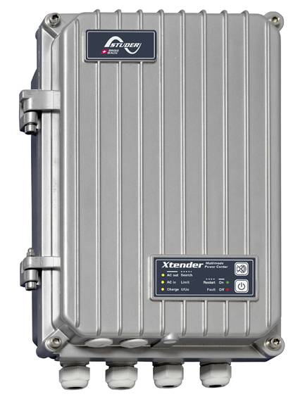 Metallisk, rektangulær kabinet med riller og fire kabelstik i bunden. Varemærke 'Xtender' og betjeningselementer på forsiden.