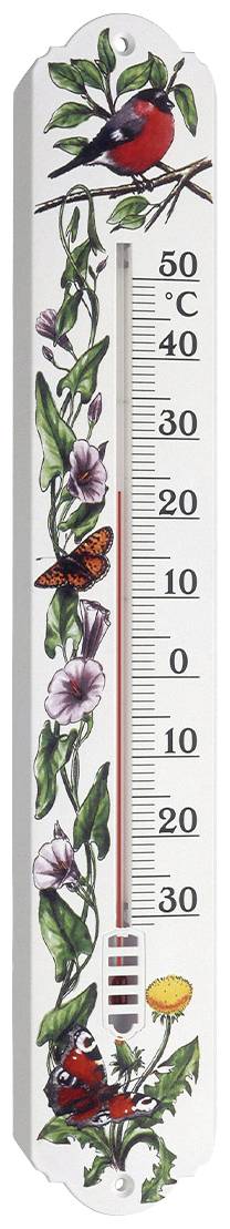 En dekorativ termometer viser temperaturer fra -20°C til 50°C. Farverige blomster og sommerfugle pryder designet.