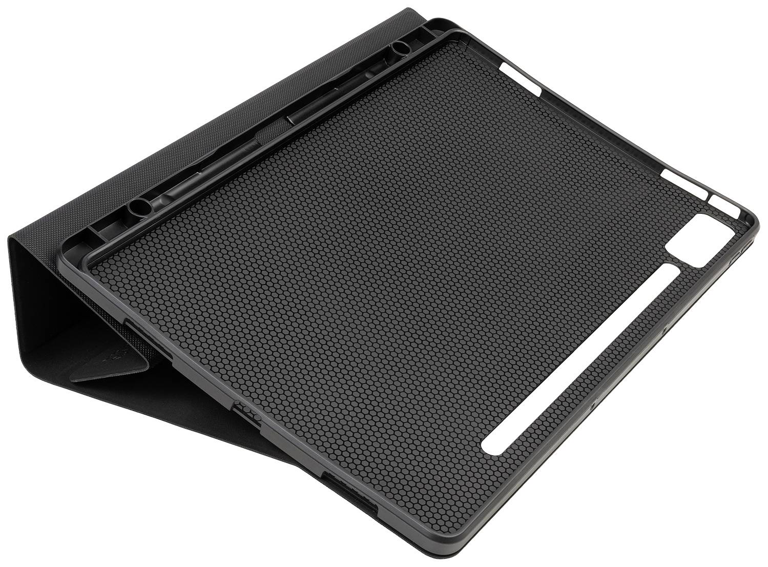 Sort beskyttelsescover til en tablet, åben og placeret i en let vinklet position, viser den rillede indvendige overflade.