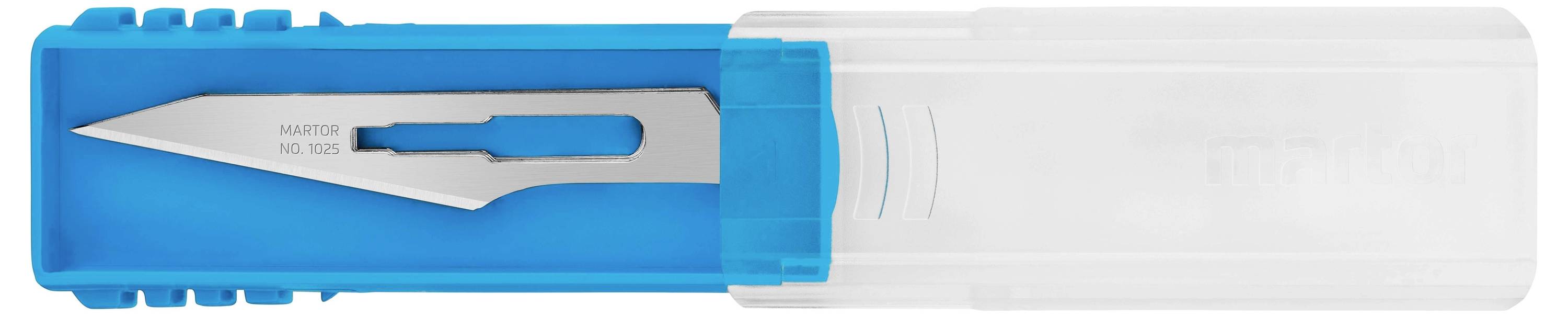Et sølvfarvet skalpel i en blå plastboks, delvist gennemsigtig, viser bladet på venstre side.