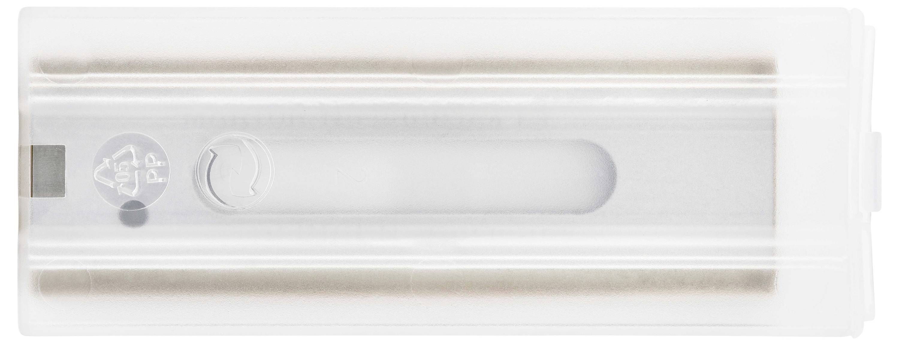 En hvid plastikbeholder med et transparent vindue i midten, hvorigennem en del af en metalcylinder er synlig.