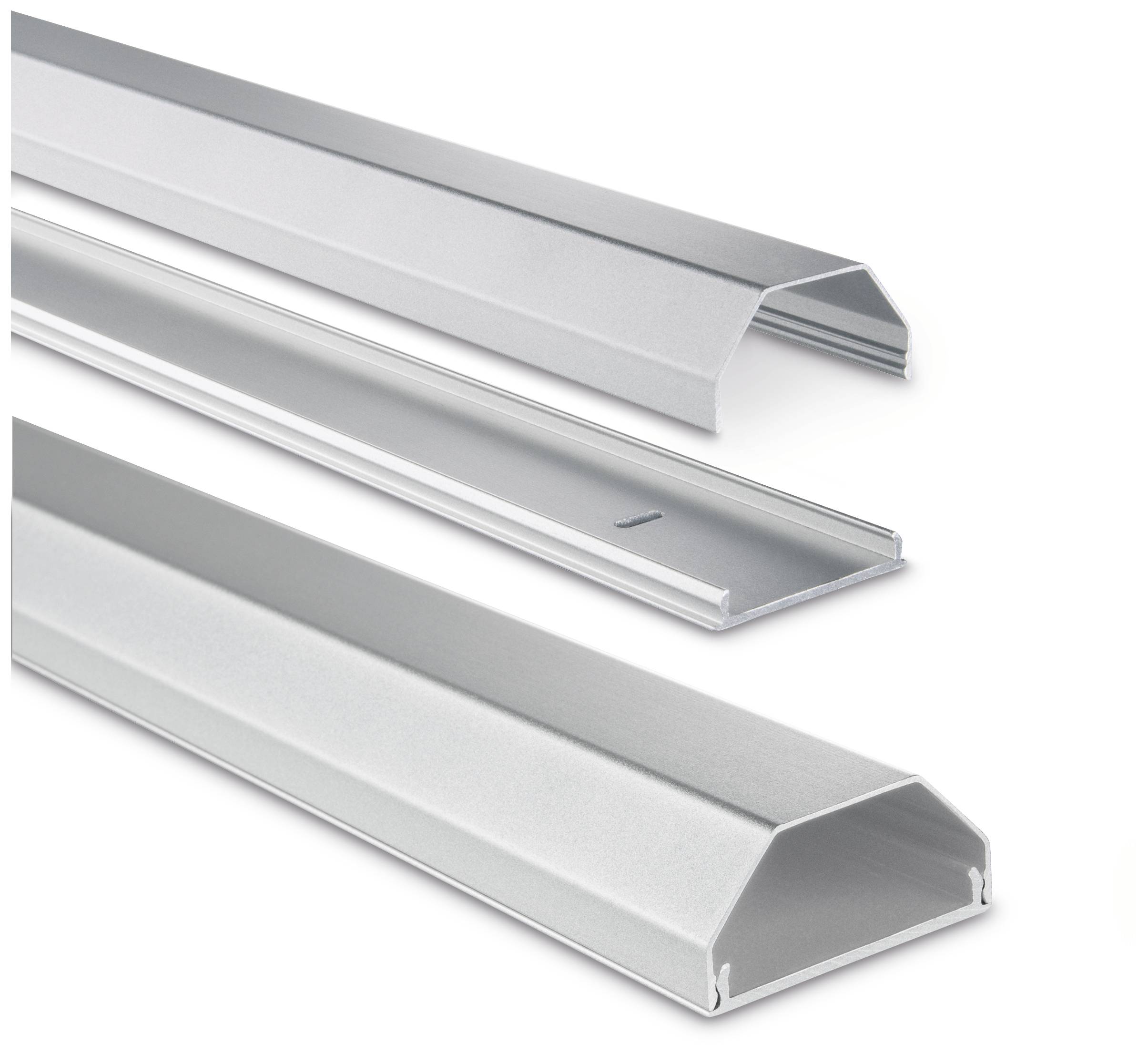 Tre sølvfarvede aluminiumsprofiler i forskellige former. Øverst: skråt afdækning; Midt: flad profil; Nederst: trapezformet afdækning.