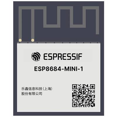 'ESP8684-MINI-1 modulpakke fra Espressif med integreret antenne og QR-kode. Virksomhedslogo og tekst på forsiden.'