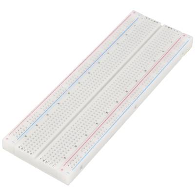 Et hvidt breadboard med blå og røde linjer til kredsløbsudvikling. Det har mange rækker af tilslutninger til elektroniske komponenter.