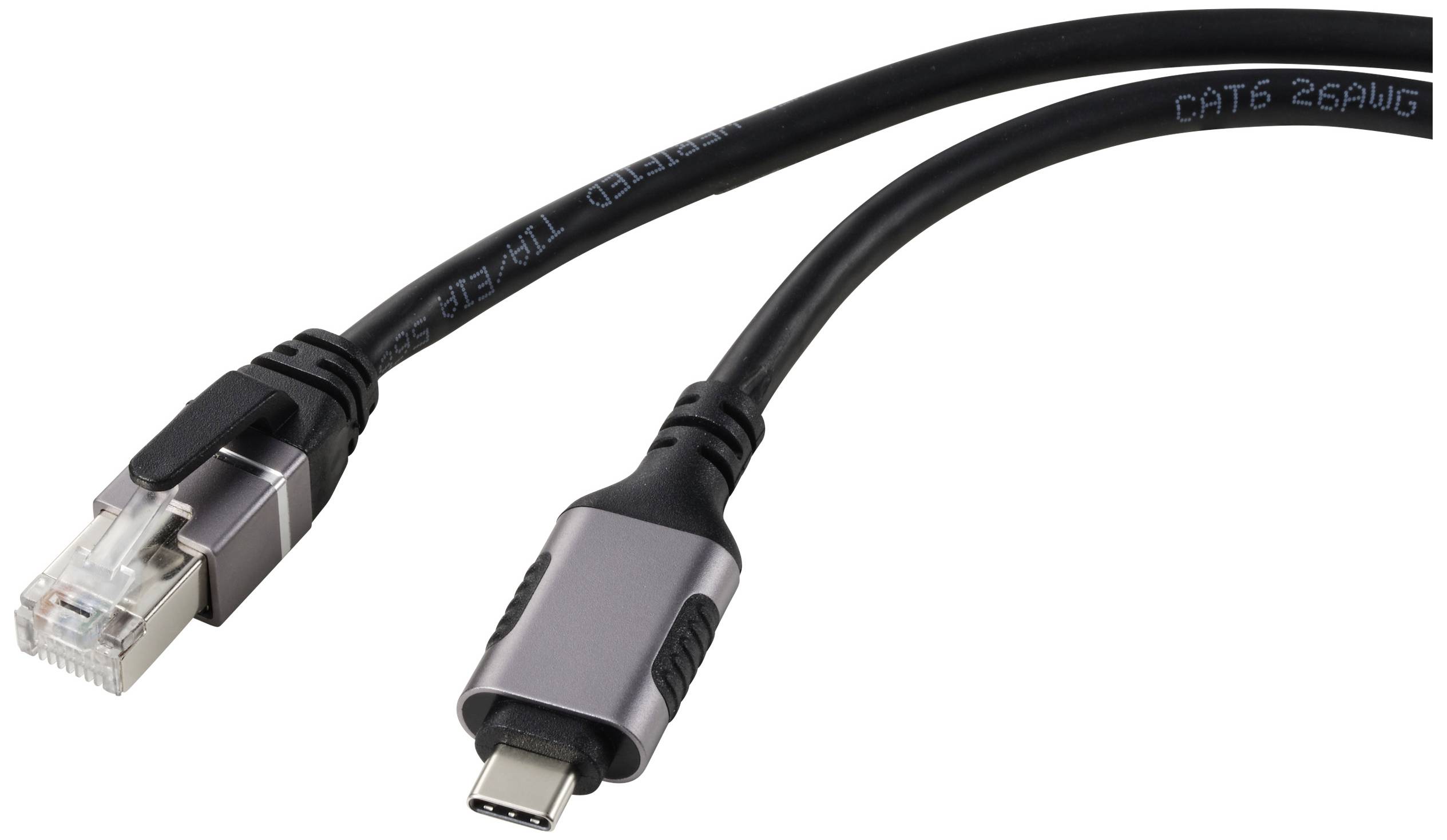 USB-C til RJ-45-kabel, sort med metalstik, egnet til netværksforbindelser.