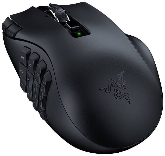 Sort gaming-mus med belyste sideknappe og logo på oversiden, velegnet til PC-spil med multiple knaptildelinger.