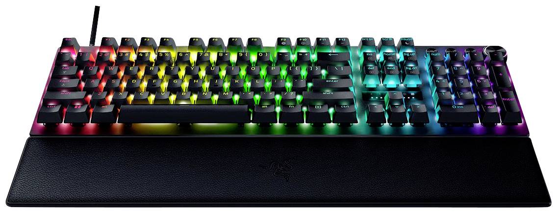 Mekanisk tastatur med RGB-belysning og aftagelig håndledsstøtte. Farveeffekter i regnbuens farver er synlige.