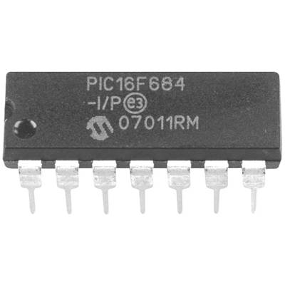 En mikrocontroller-chip ved navn 'PIC16F684' på oversiden, monteret med flere metalben til elektrisk tilslutning.