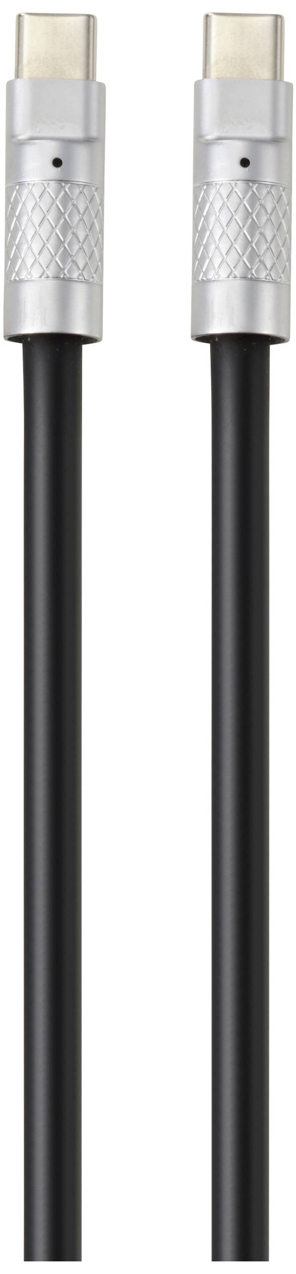 To USB-C-kabler i sort med sølvfarvede stik placeret ved siden af hinanden.