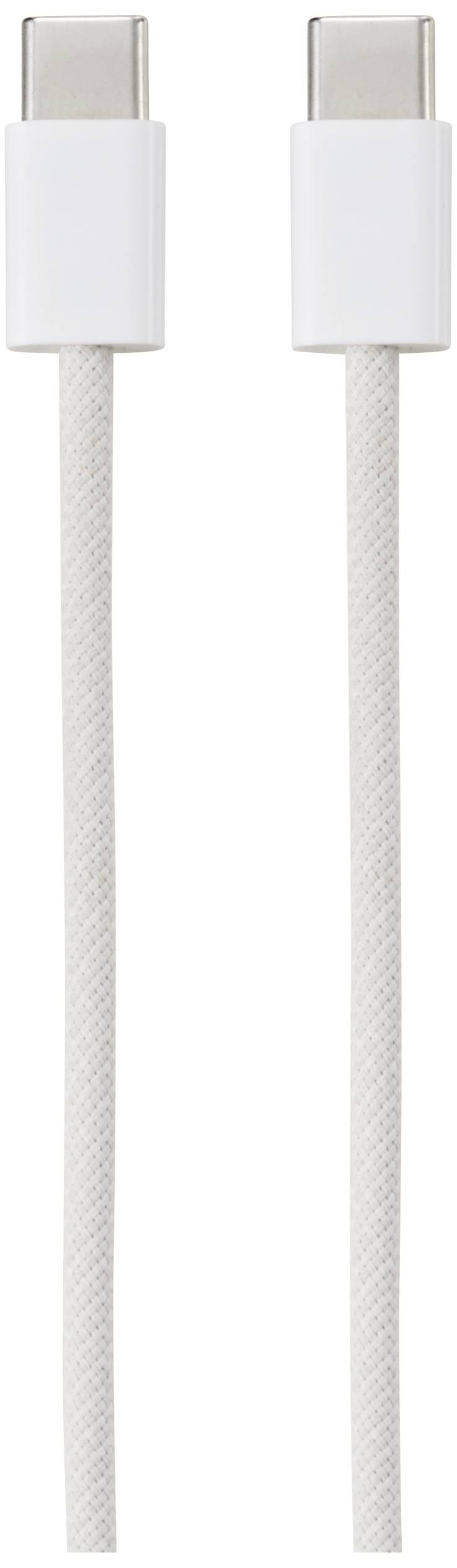 Et hvidt USB-C til USB-C-kabel med vævet belægning vises oppefra og ned.
