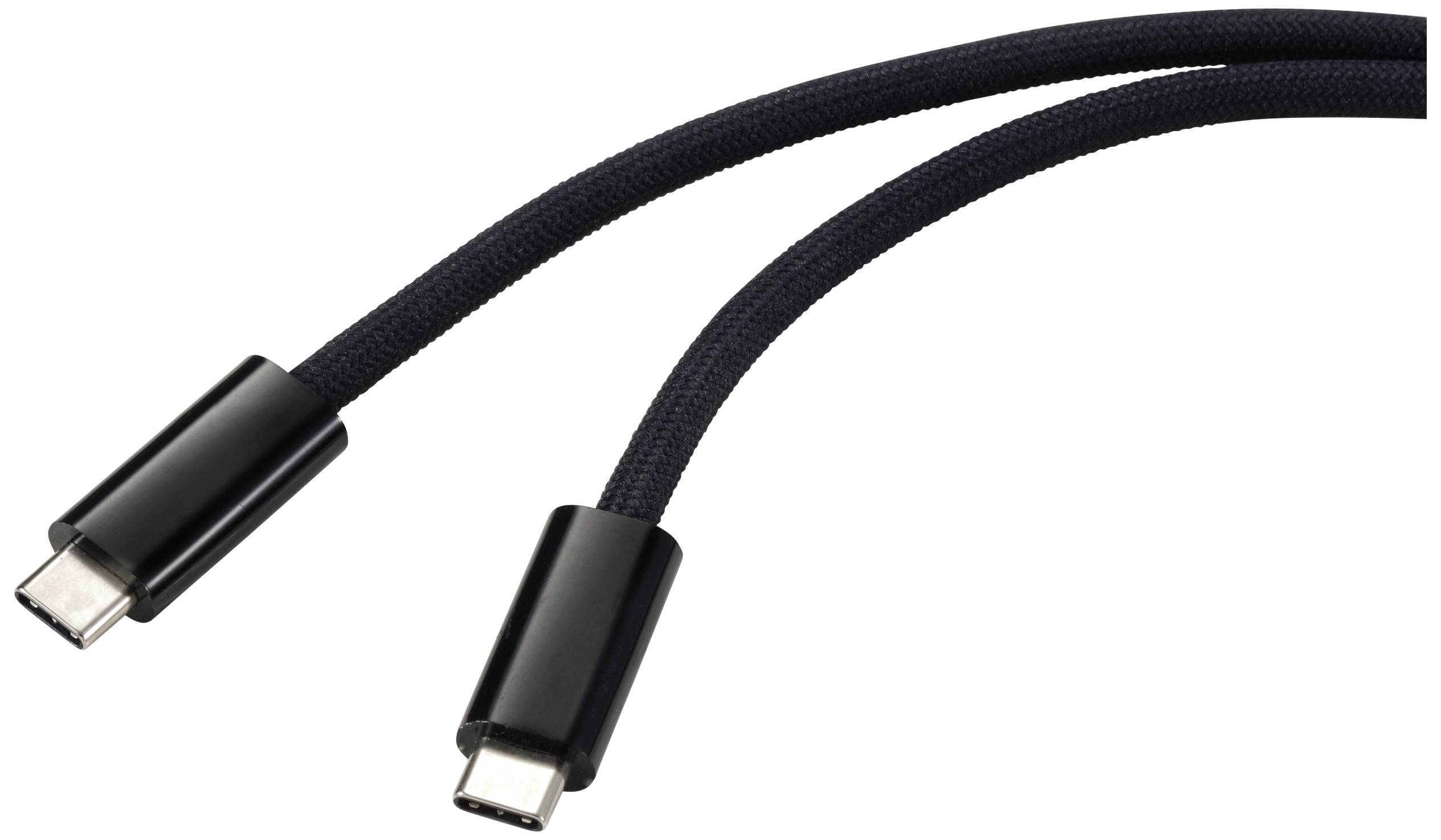 To USB-C-kabler med flettede ledninger og sorte stik ligger ved siden af hinanden.