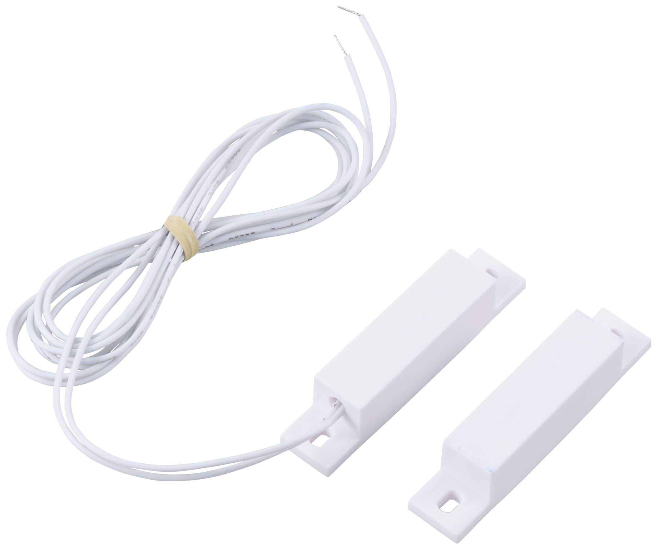 To Danish:<br><br>To hvide magnetiske dørsensorer med langt kabel. De bruges til overvågning og sikkerhedskontrol af døre eller vinduer.