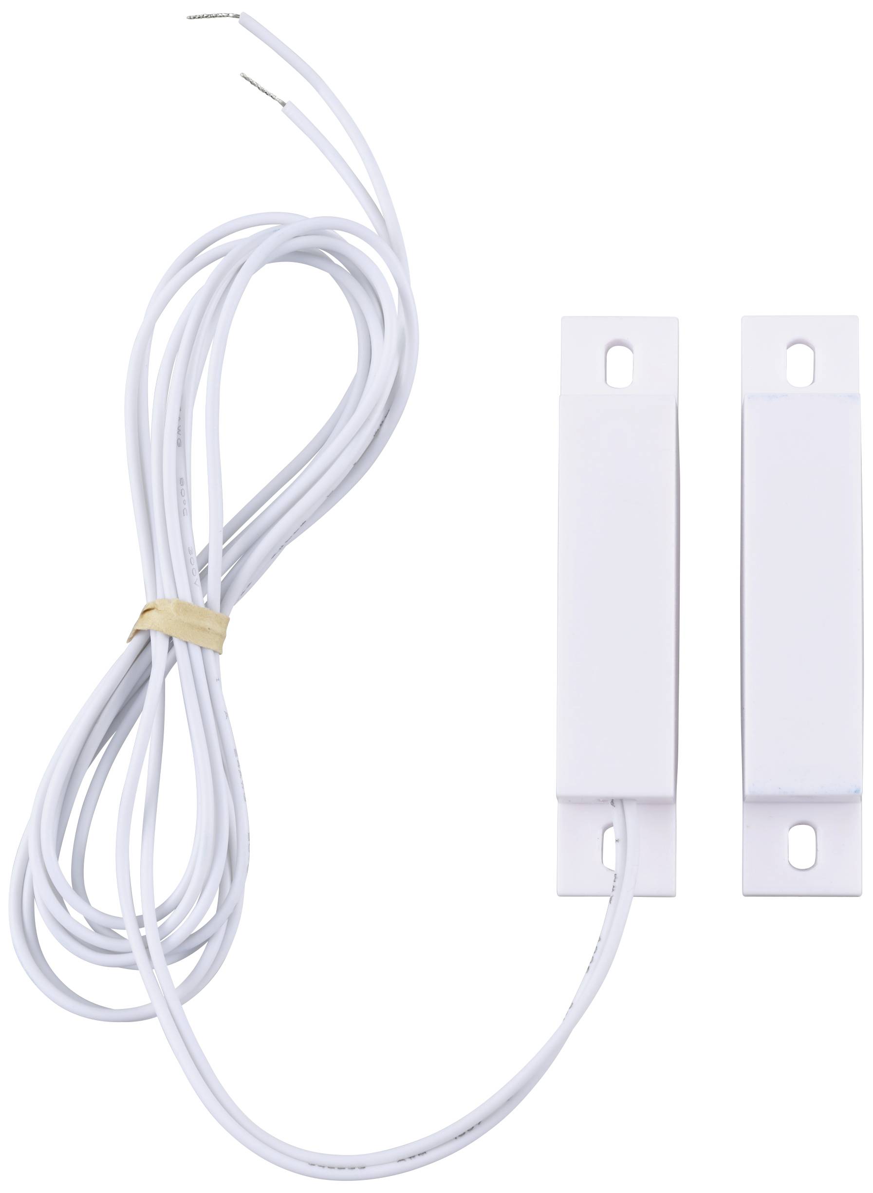 En hvid magnetisk dørkontakt med to dele og et tilslutningskabel, til installation og overvågning af døråbninger.