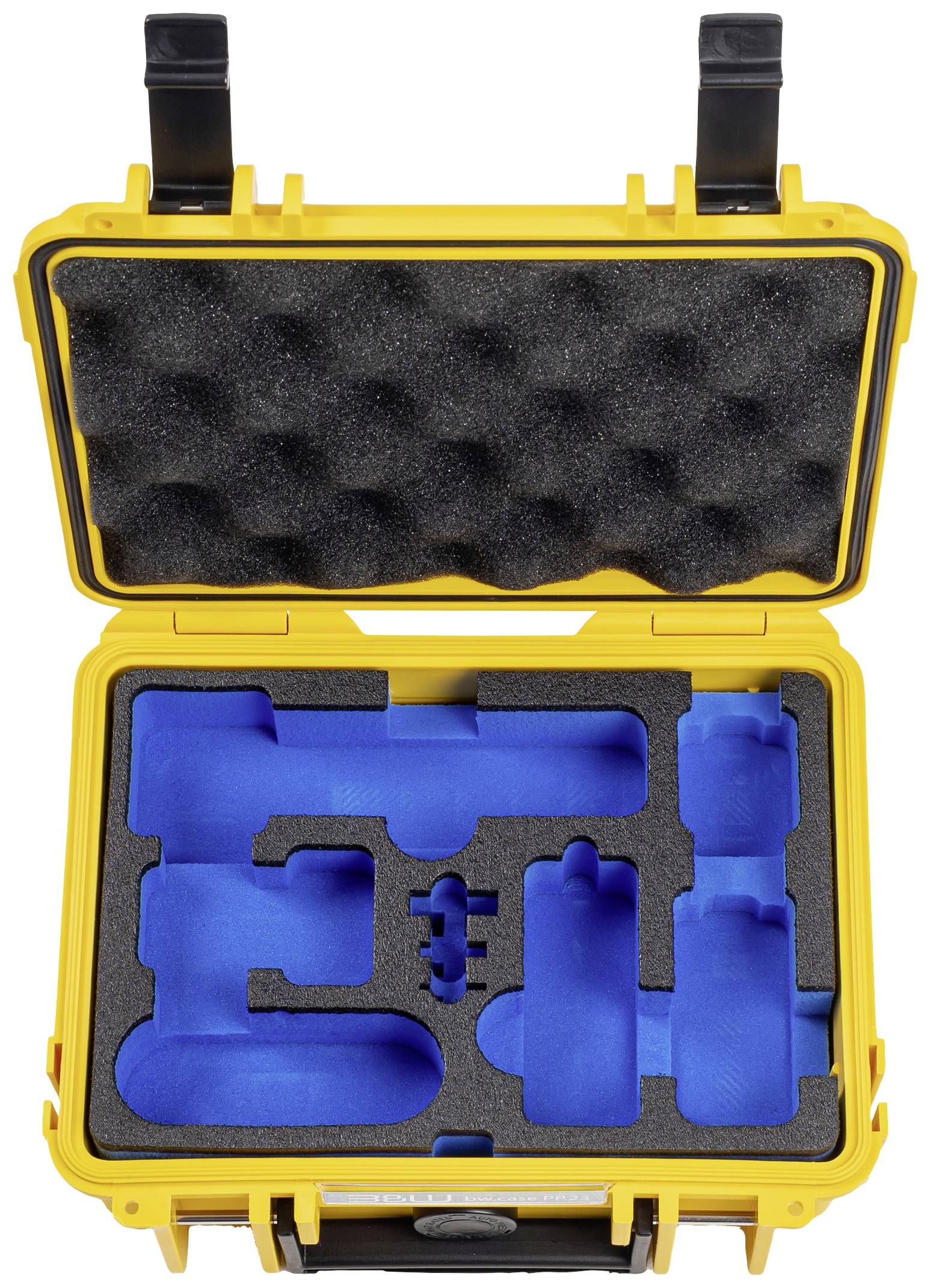 En gul, åben beskyttelseskasse med sort skumindvendigt, som indeholder præcise udskæringer til sikker opbevaring af genstande.