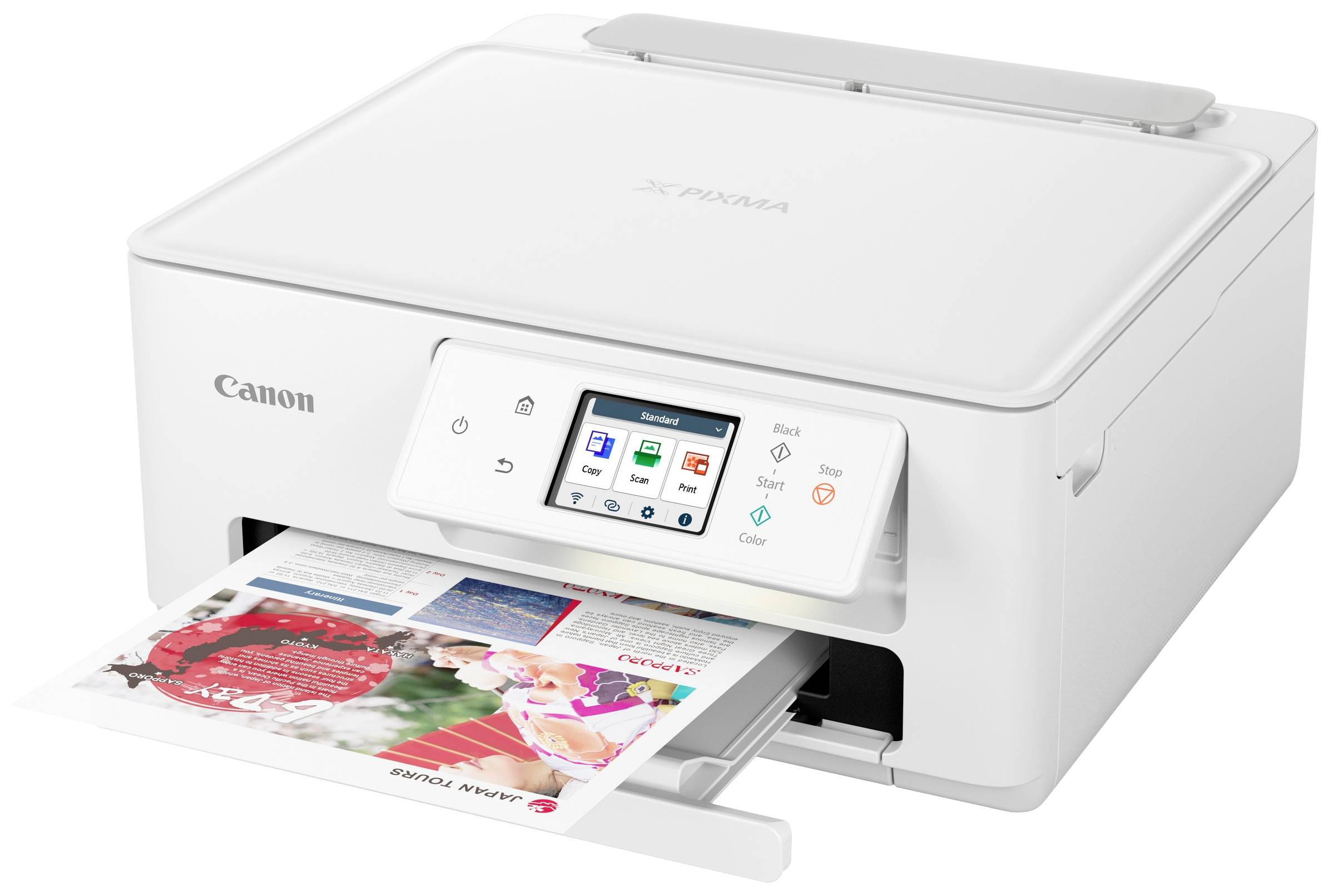 En hvid Canon-printer med en skærm og forskellige betjeningsknapper. Et farvet trykt ark bliver udskrevet fra printeren.
