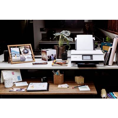 Printer på et skrivebord med fotos, penne og notesbøger, omgivet af planter og kontorartikler.