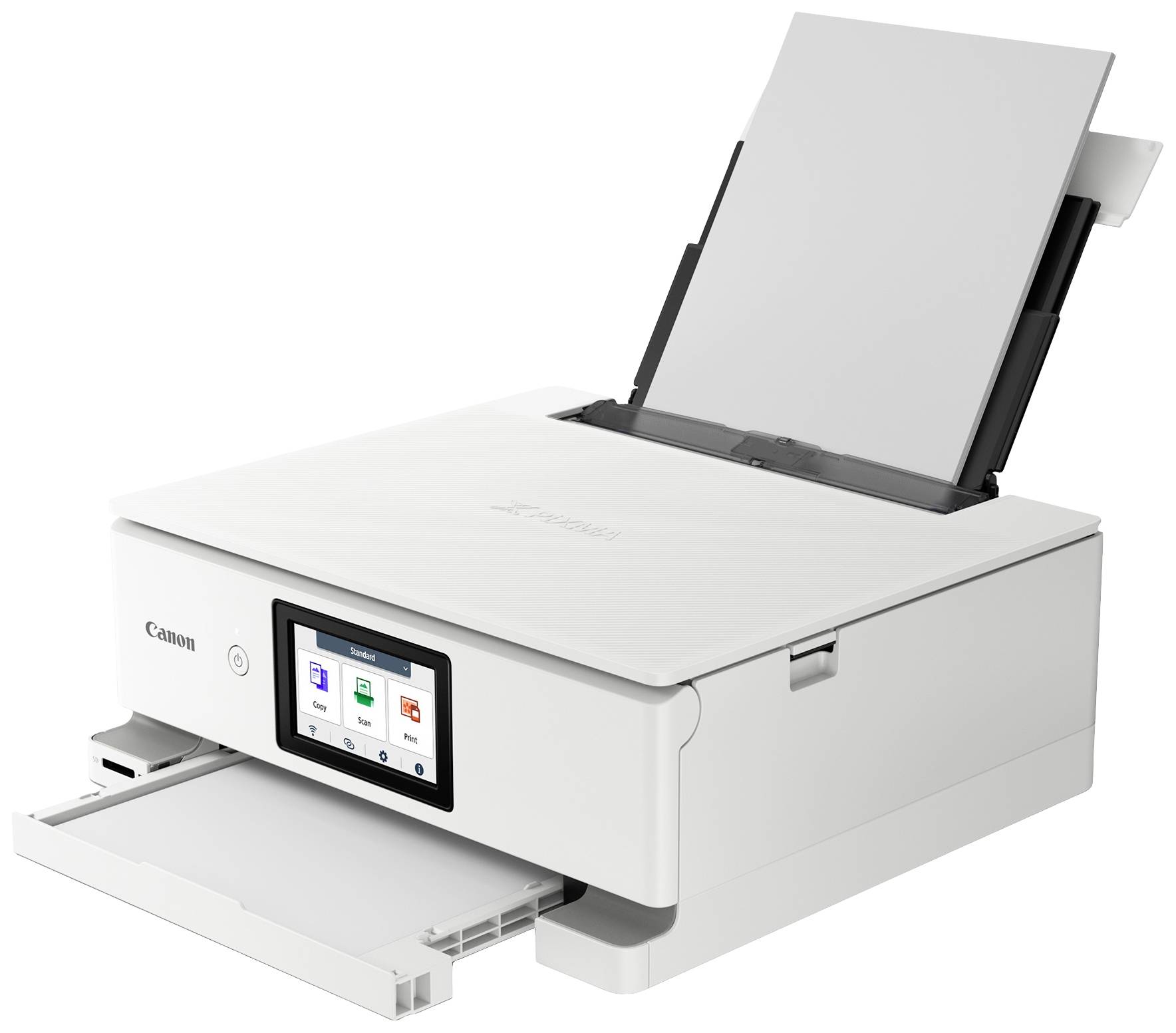Hvid Canon-printer med papirskuffe, åbnet outputskuffe og touchscreen-betjeningspanel; egnet til hjemme- eller kontorbrug.