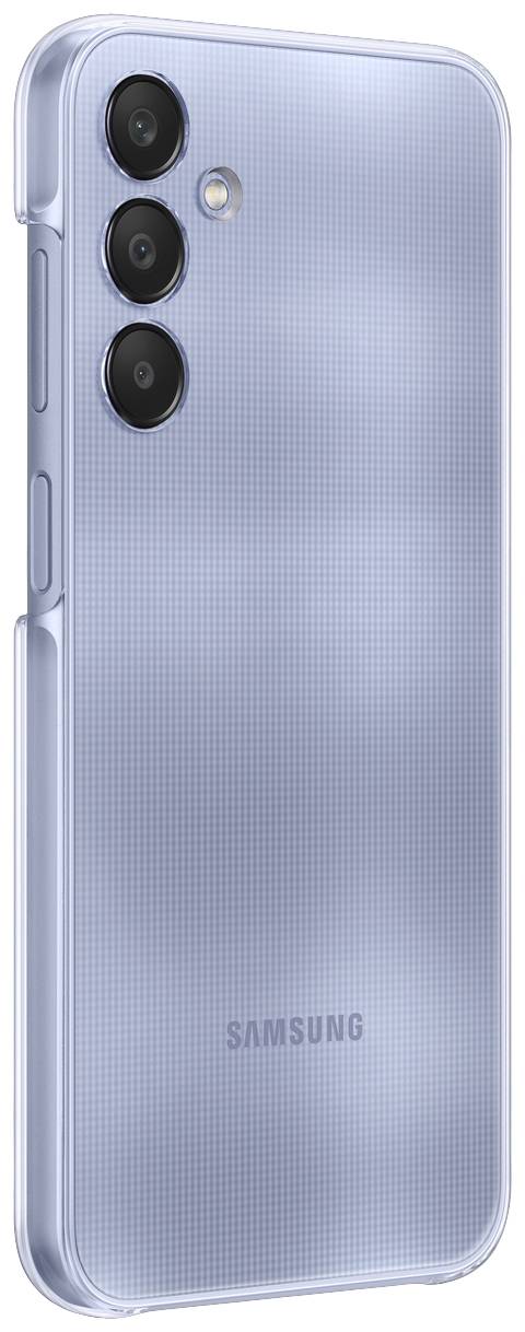 Et sølvfarvet smartphone set bagfra med tre lodret placerede kameraer og et blitz. Samsung-logoet er synligt forneden.