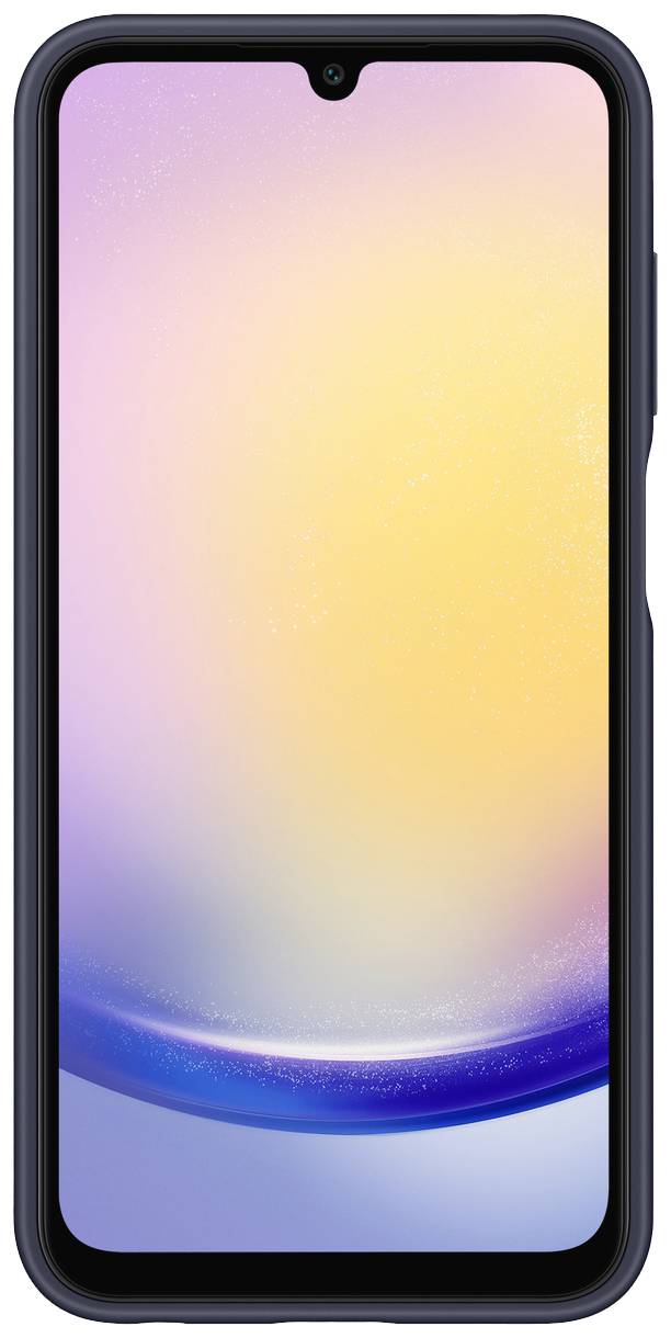 En moderne smartphone med sort ramme, hvor en farvegraduering fra lyserød til lysegul er synlig på skærmen.