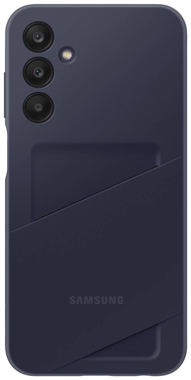 Et sort smartphone set bagfra, med tre kameralinser og et blitz. Samsung-logoet er synligt nederst på bagsiden.