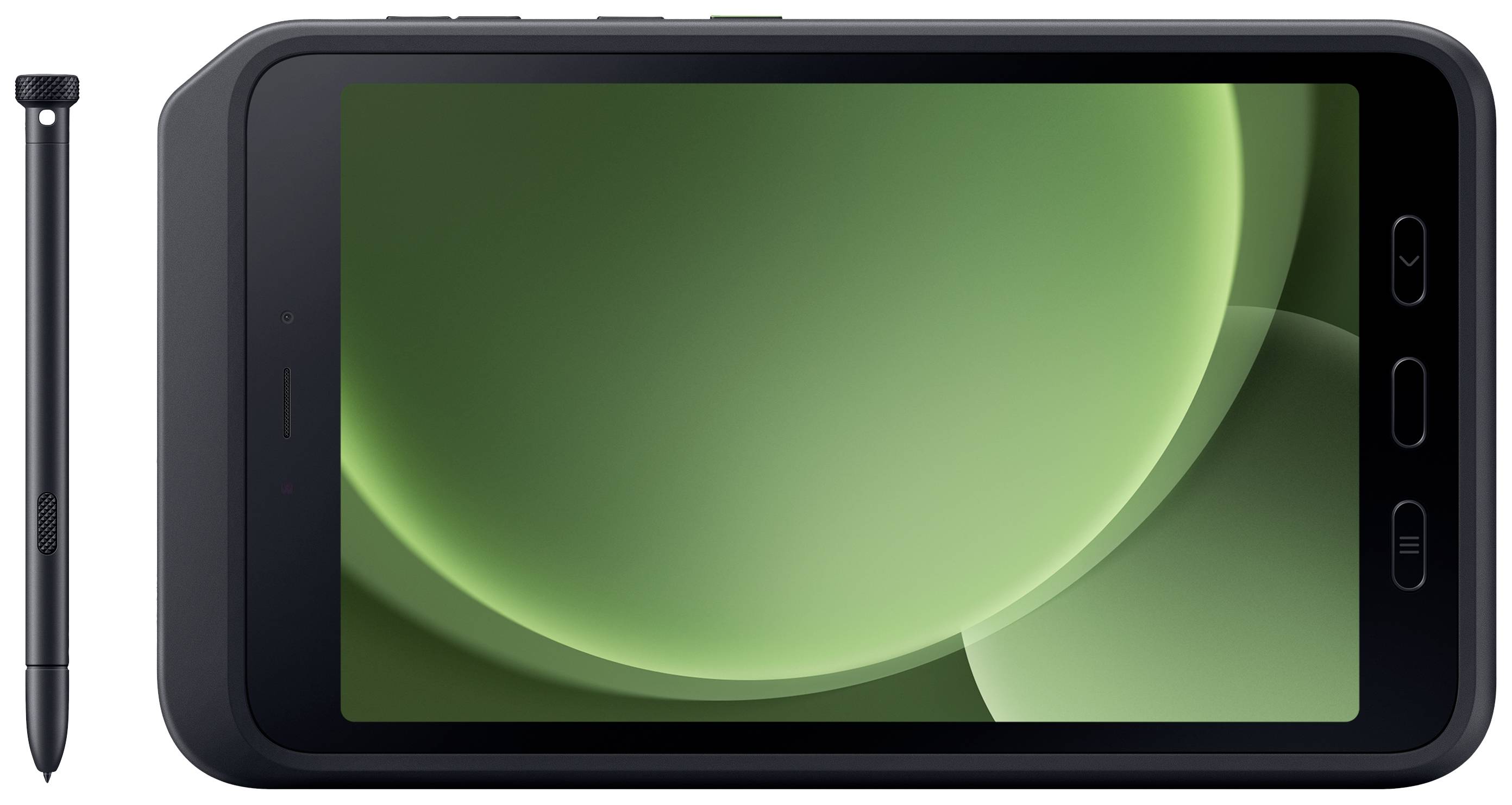 Tablet med sort kabinet og grøn skærm, afbildet sammen med en pen ved siden af til venstre.