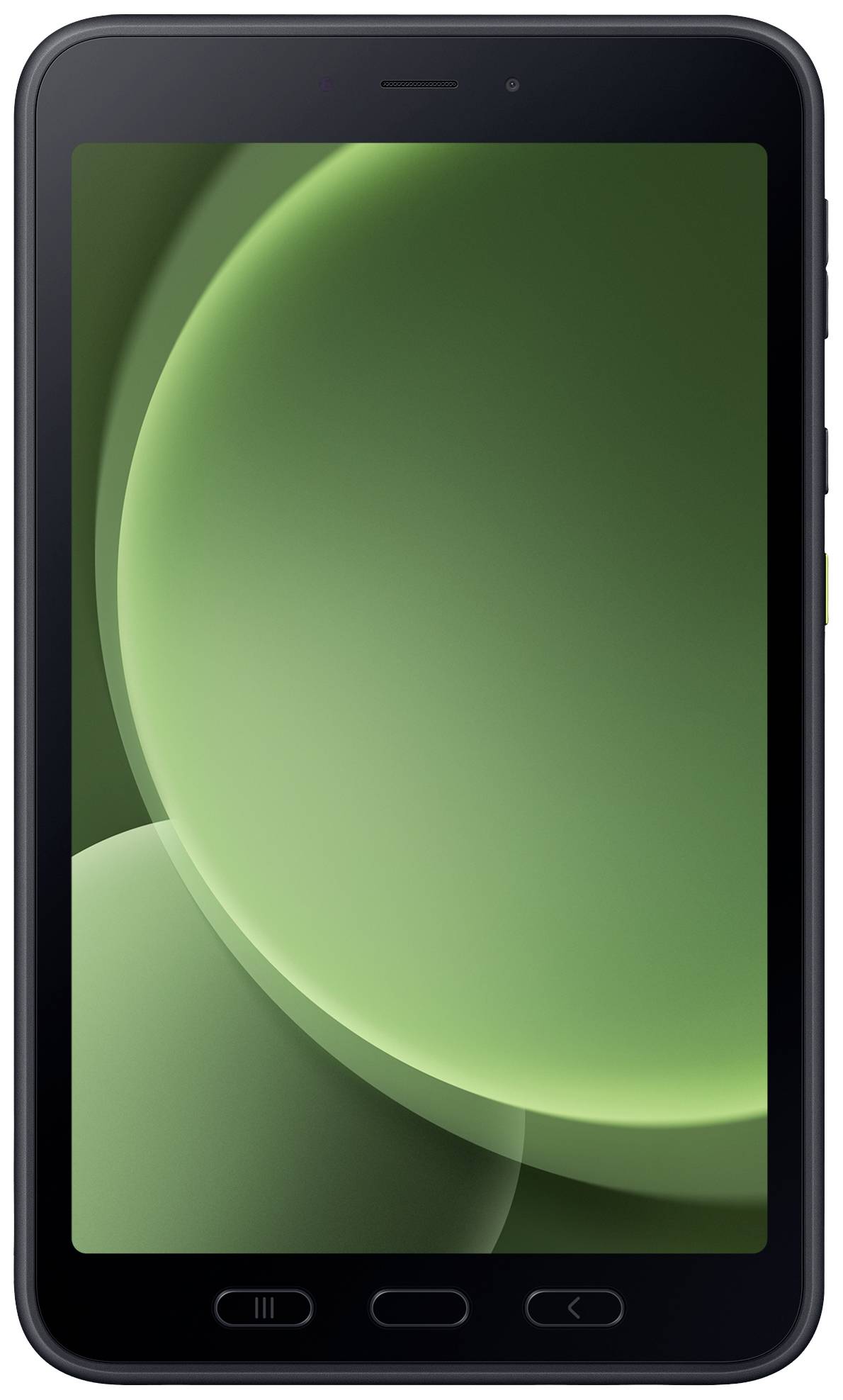 En smartphone er fremstillet i lodret position, med en lysende grøn skærm som det centrale element i billedet.