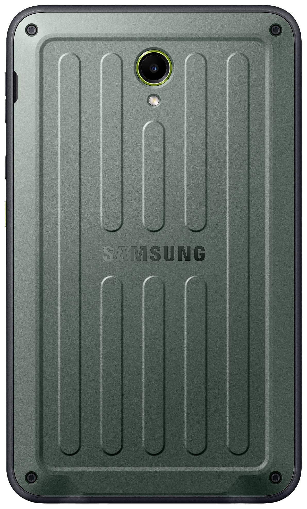 En robust, grøn smartphone fra Samsung med struktureret bagside og et kamera.