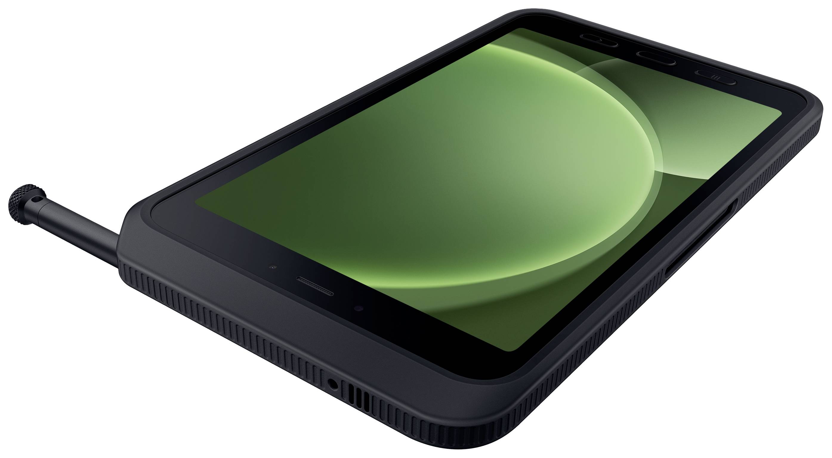 Et robust tablet med en skærm, der viser klare grønne nuancer, vist fra siden med en udtrækbar stylus på venstre side.
