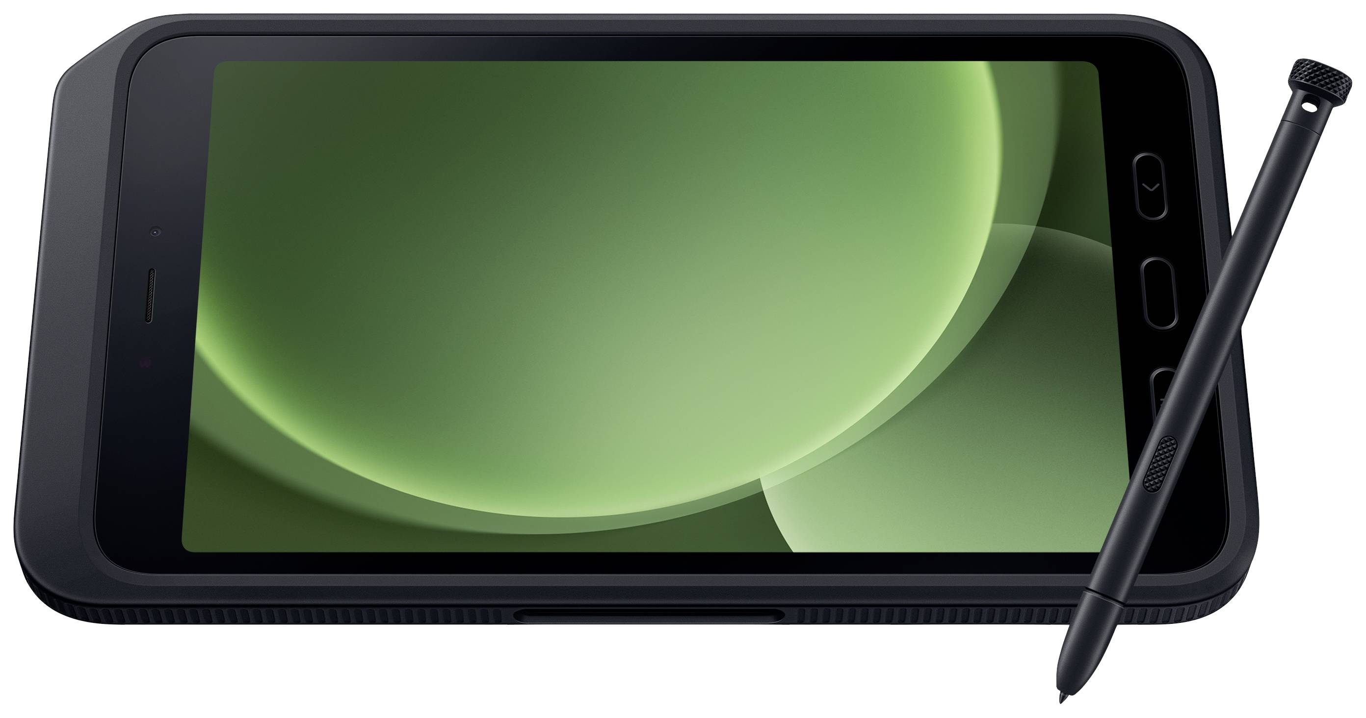 Et sort tablet med en grøn skærm og en stylus ved siden af.