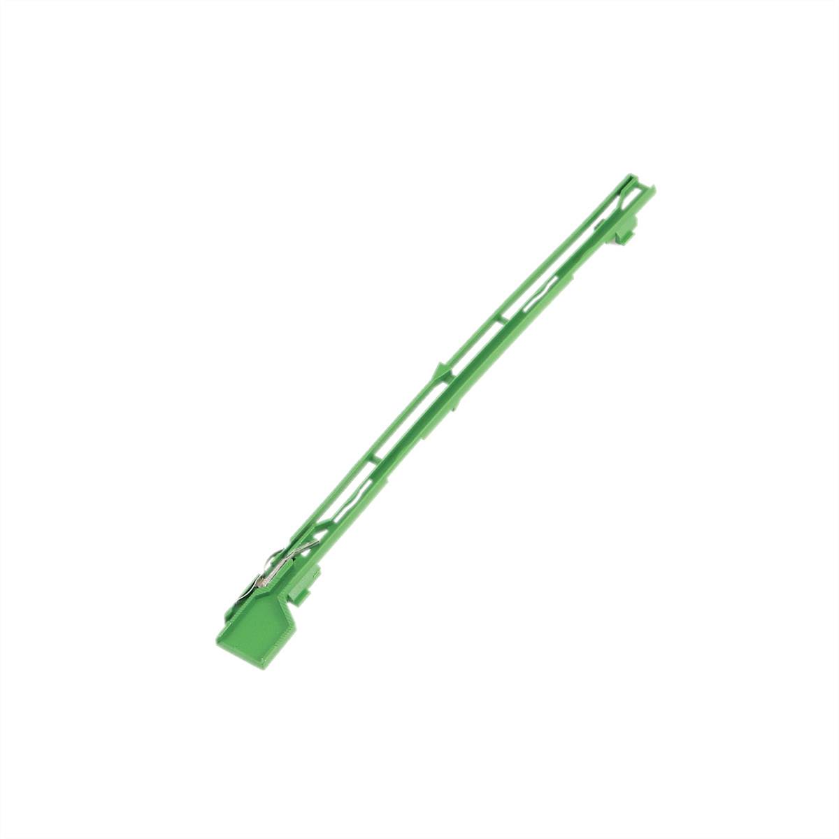 Grøn plastikclips i form af en lang stang, bruges til at lukke poser.