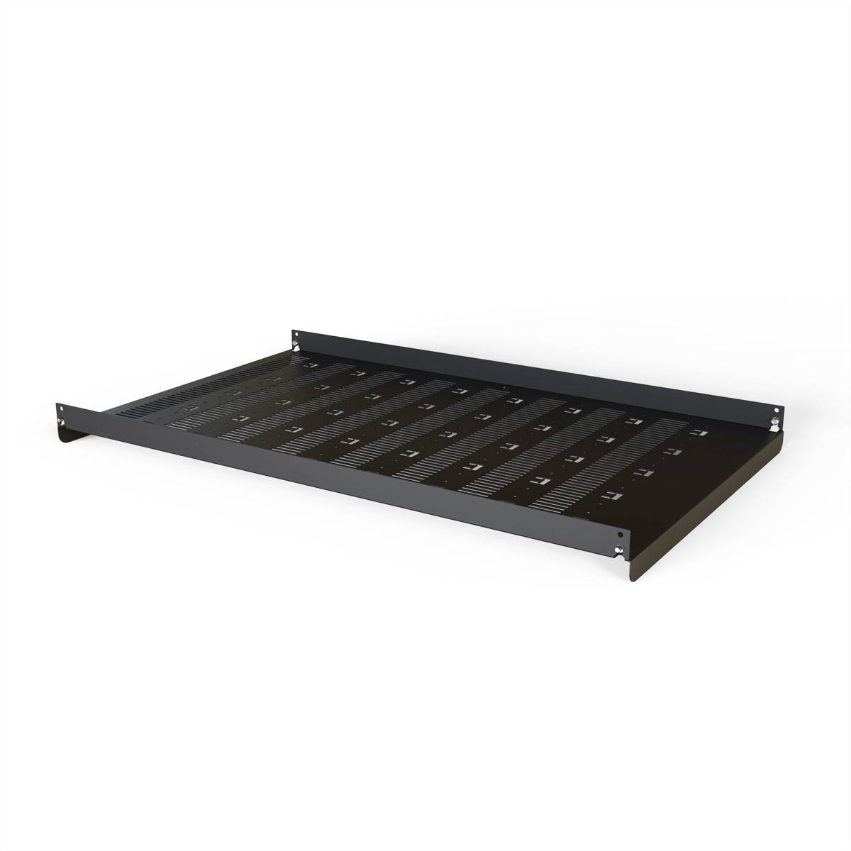 Et sort metalreol med flere ventilationsåbninger, fladt og rektangulært, egnet til montering i et stativ.