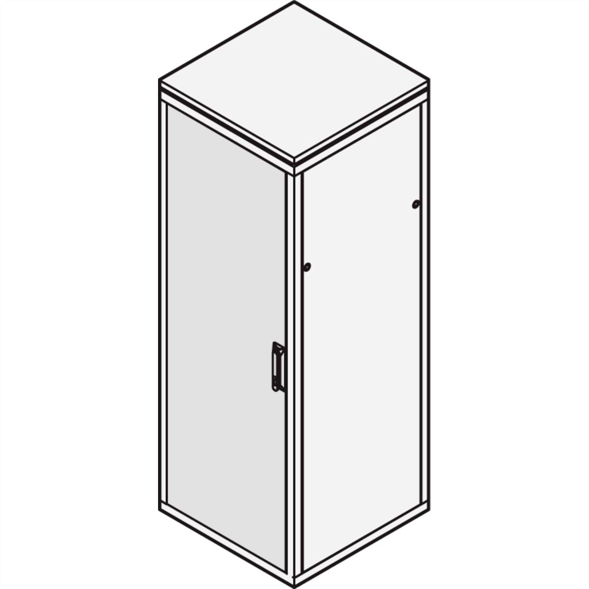 Et enkelt, grå, rektangulær skab med en dør, vist i isometrisk perspektiv.