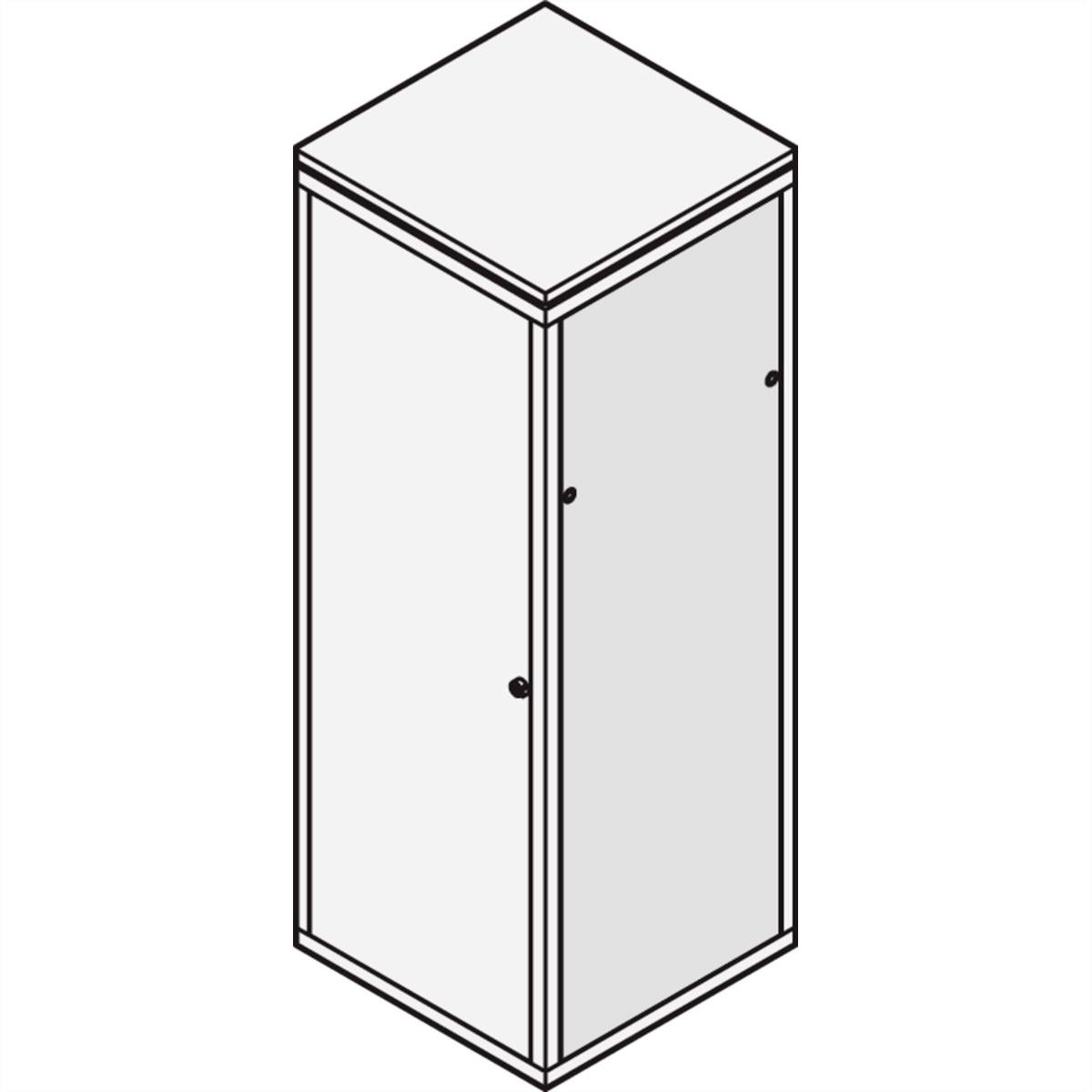 Et skematisk billede af et højt, rektangulært skab med en dør, der er hængslet til højre og kan åbnes ved hjælp af to knapper.