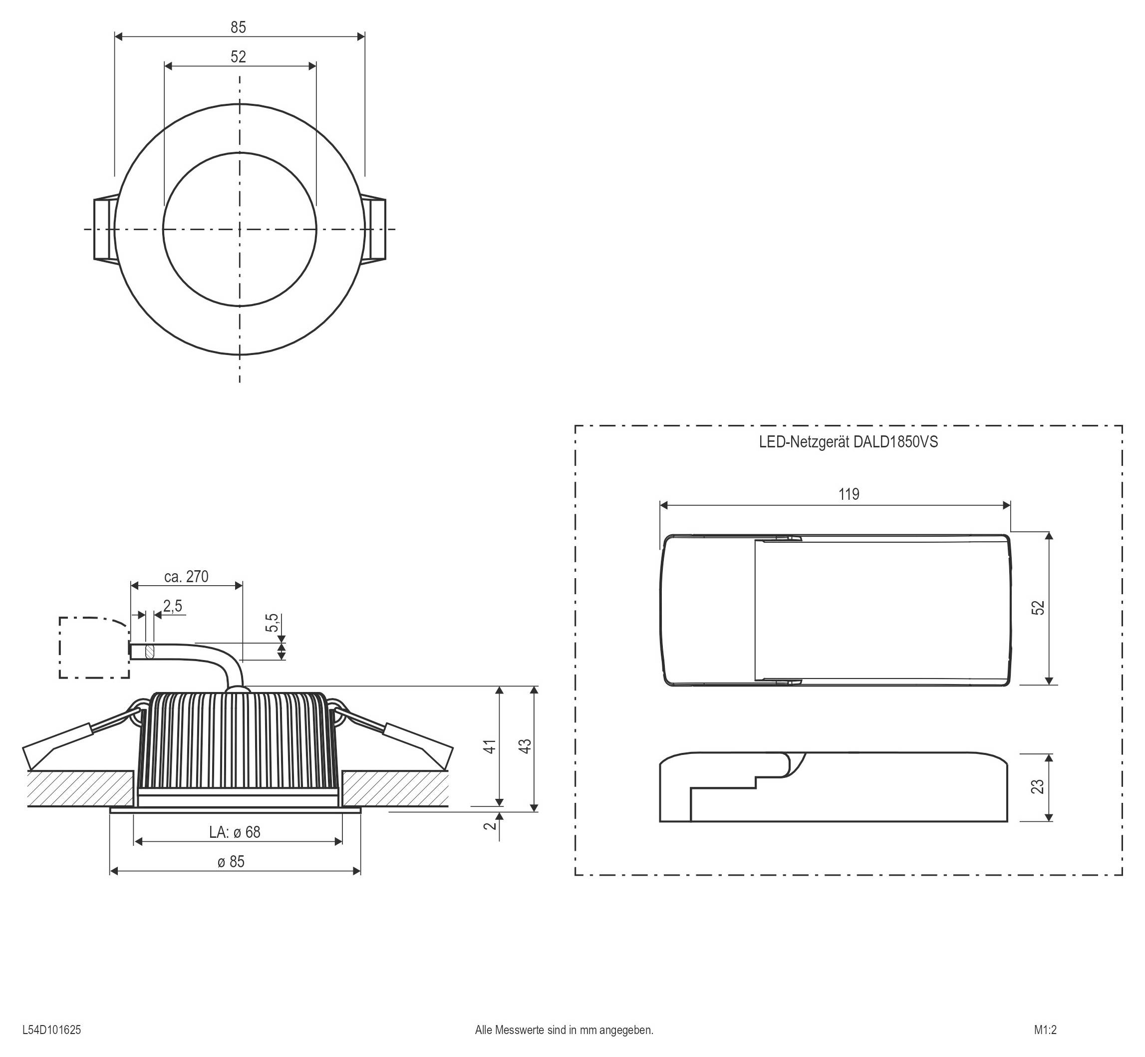 Teknisk tegning af et rundt nedsænket LED-indbygningslys med top-, side- og frontvisninger; dimensioner angivet i millimeter, herunder 119 mm længde og 52 mm bredde.
