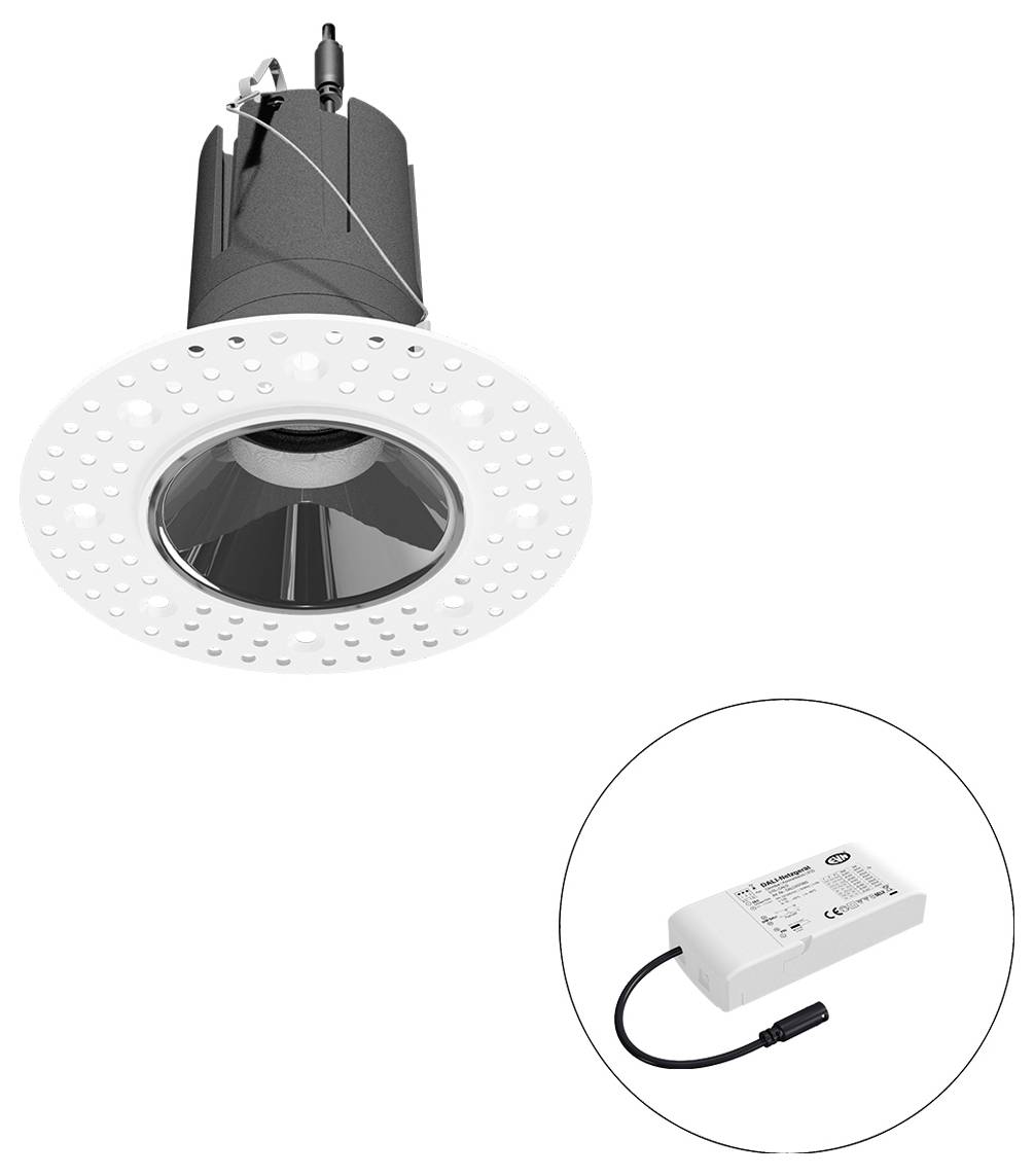 Nedsænket LED-spotlys med perforeret hvidt beslag, vist med dets separate drivkraftforsyning i en cirkulær indsats.