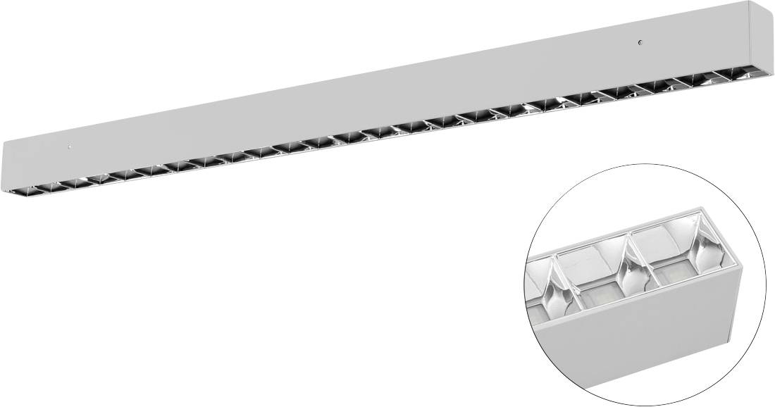 Lineær aluminiums-LED-lysarmatur vist i perspektiv, med to nærbilleder, der fremhæver diffusordetaljen og de interne huslingsektioner.