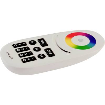 Hvid fjernbetjening til LED-lys, med nummererede og farvede knapper samt ON/OFF-kontroller.