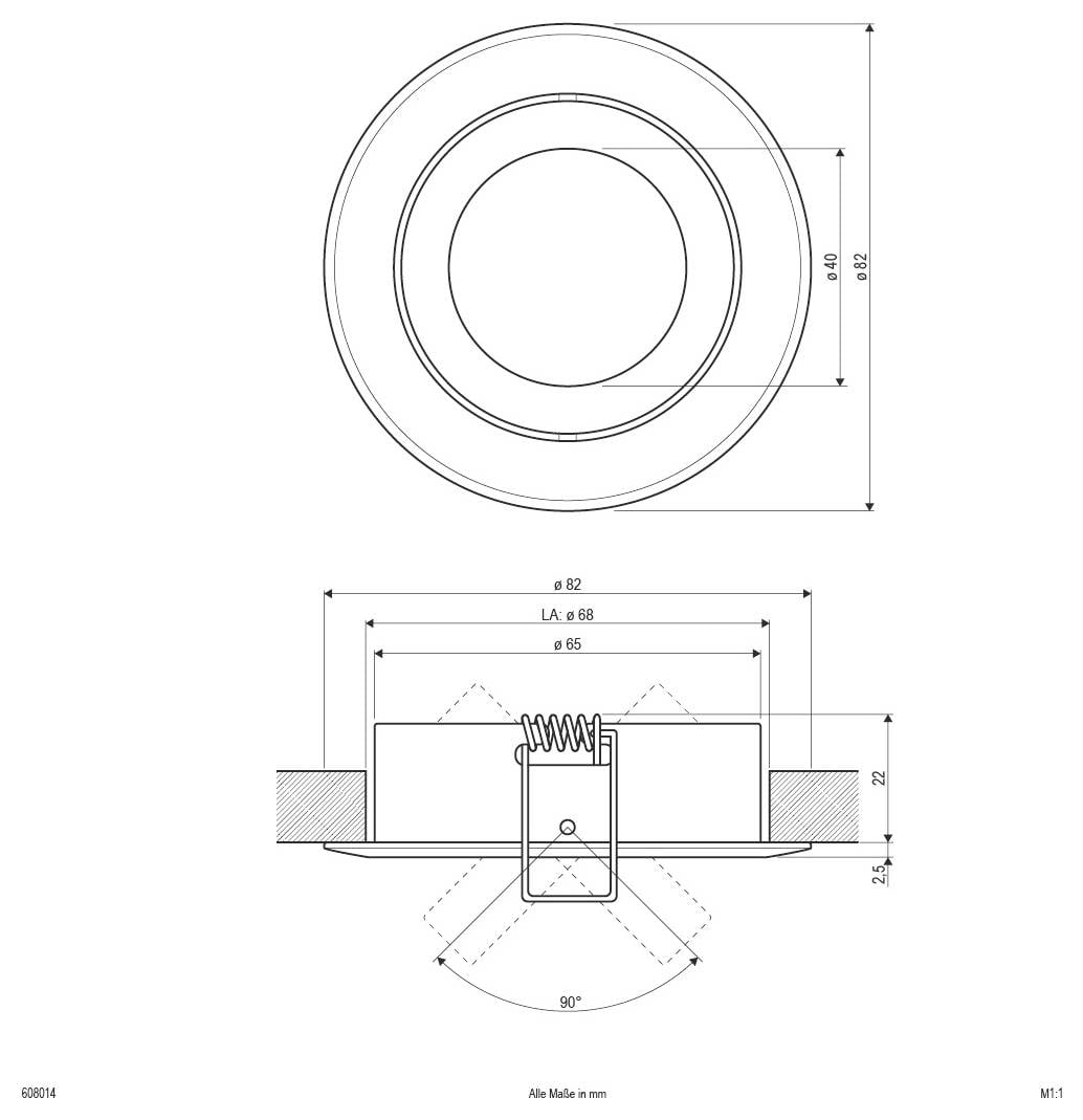 Teknisk tegning af armatur med cirkulært indsænket design, viser top- og sidevisninger med dimensioner i millimeter og en 90° strålevinkel.