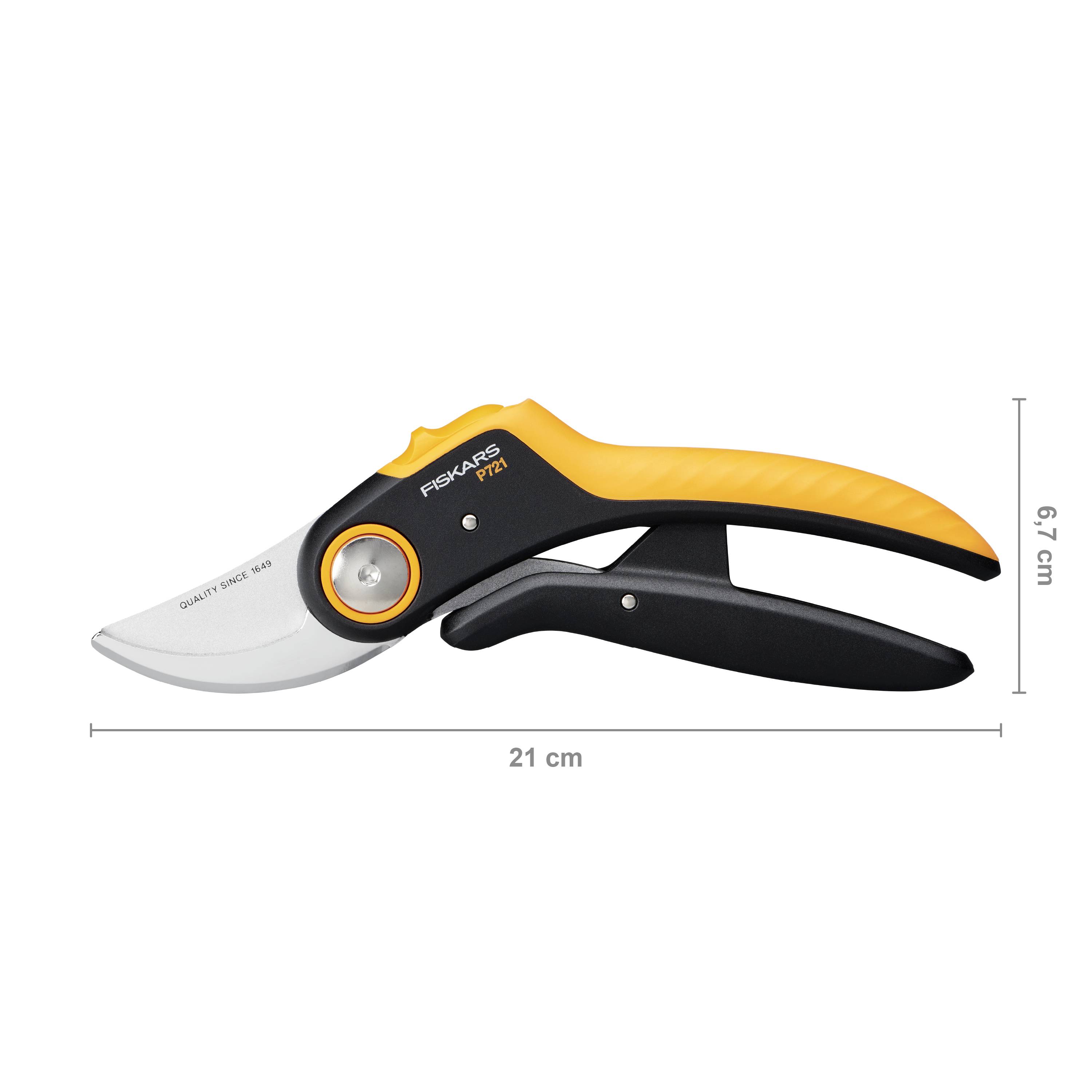 Havesaks med orange håndtag og sølvfarvet klinge, 21 cm lang og 6,7 cm høj, mærke 'Fiskars', set fra siden.