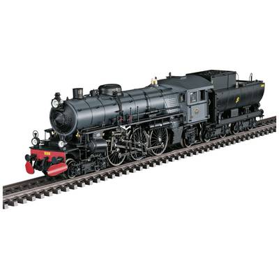 En sort model af et damplokomotiv på skinner, detaljeret med synlig teknologi og røde buffere.