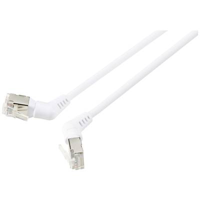 Et hvidt Ethernet-kabel med to vinklede RJ45-stik til netværksforbindelser.