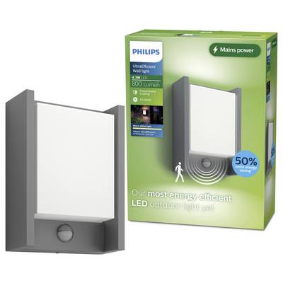 Philips UltraEfficient LED-væglampe med bevægelsessensor vist ved siden af sin grønne produktboks, mærket "Netstrøm" og "50% mere energibesparelse".