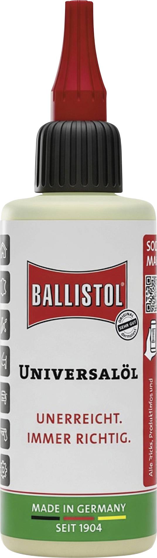 Ballistol universalolie flaske med rød hætte, mærket 'UNIVERSALÖL', 'UNEREICHT. IMMER RICHTIG.', og 'MADE IN GERMANY SEIT 1904'.