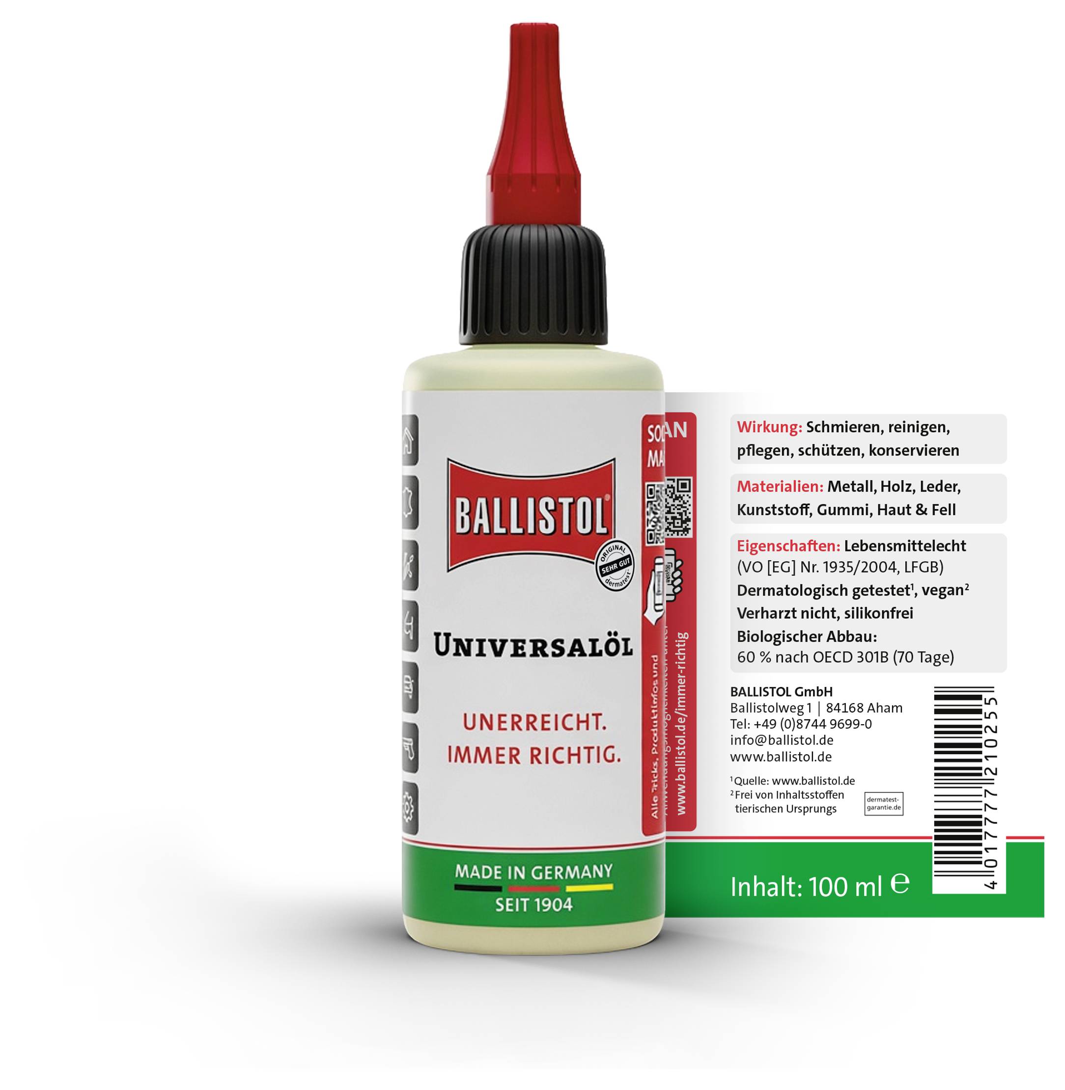 Flaske Ballistol Universal Oil med rødt låg og tysk etiket, som viser 'Inhalt: 100 ml' og produktanvendelsesdetaljer.